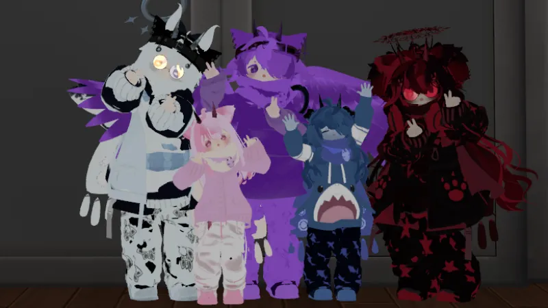 Fooshi avatar group portrait — white, purple, pink, blue, and red Fooshis posing together