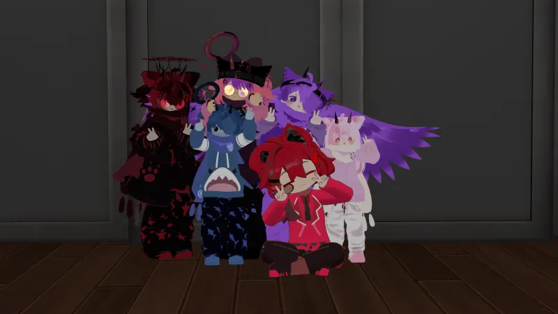 Six-avatar Fooshi hangout with a red-haired character sitting in front